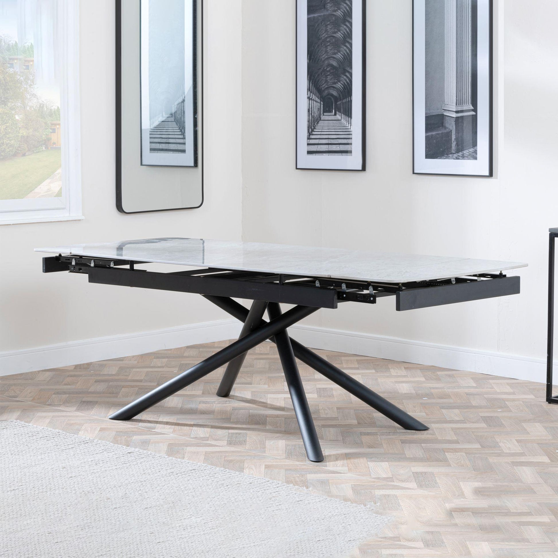 Flavia White Sintered Stone Extending Dining Table with Black Cross Base - 160cm/220cm