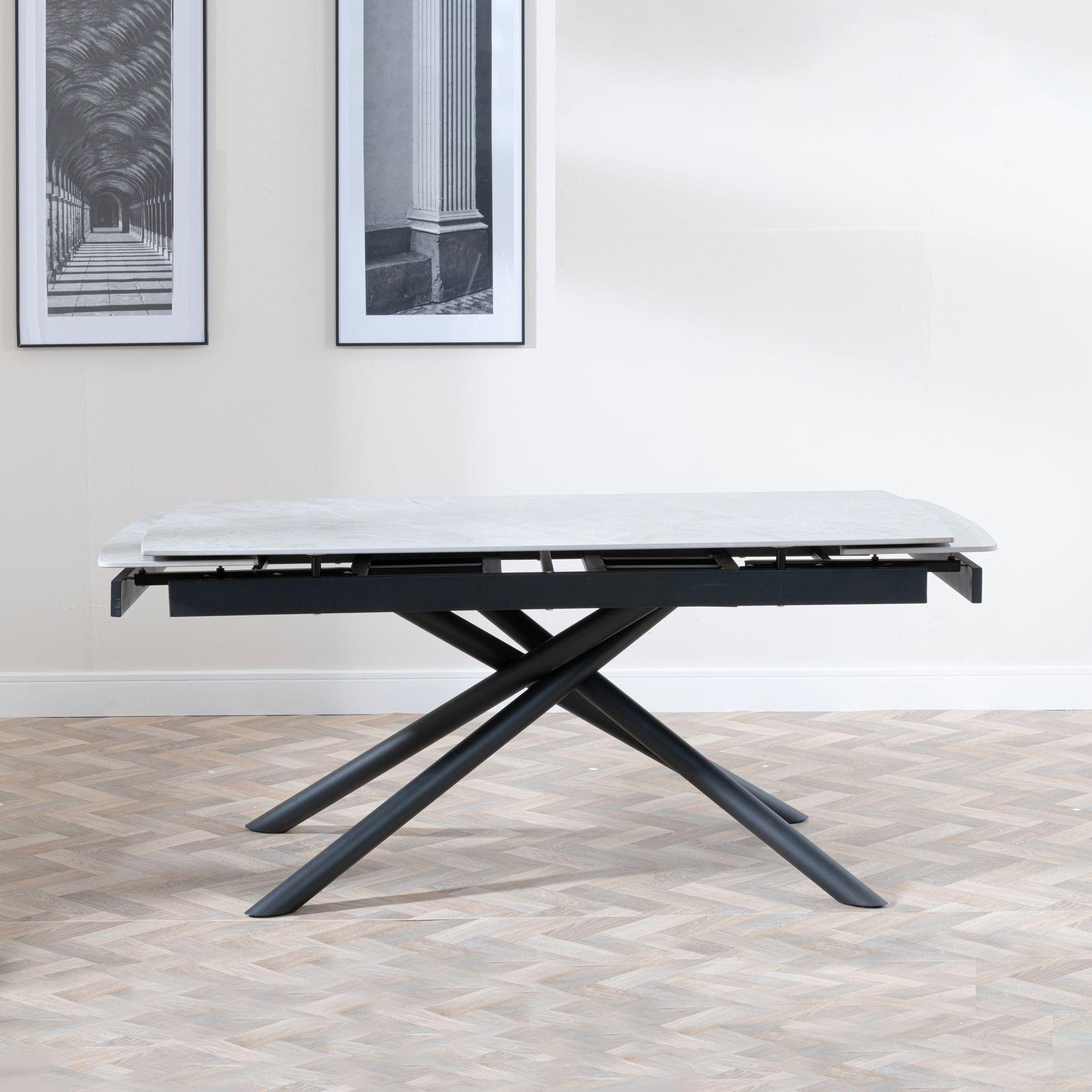 Flavia White Sintered Stone Extending Dining Table with Black Cross Base - 160cm/220cm