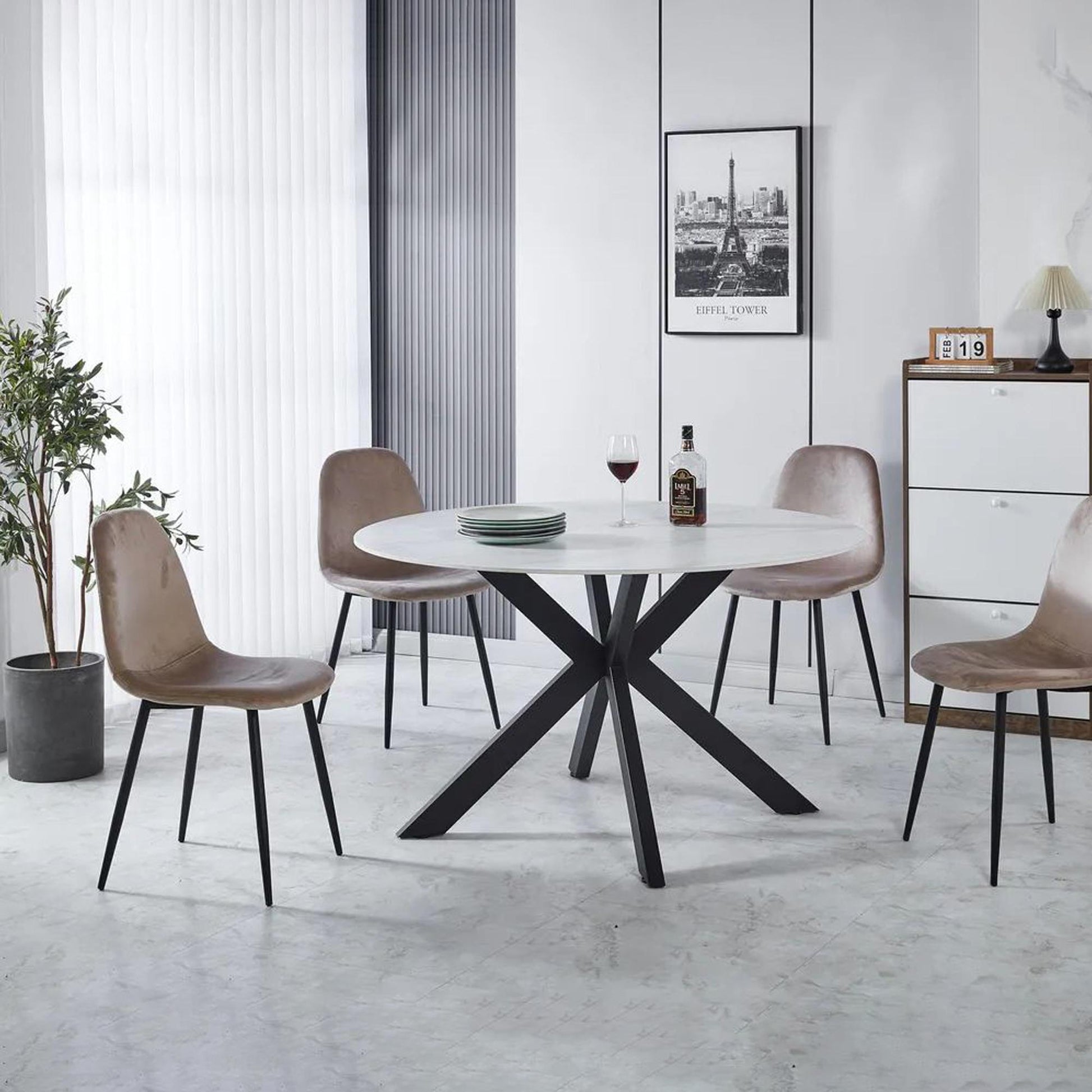 Avesta White Sintered Stone Round Dining Table with Black Star Base - 130cm