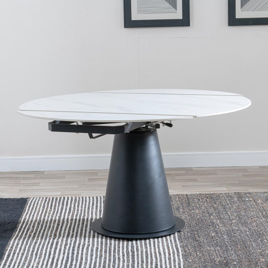 Clara White Sintered Stone Round Dining Table with Black Pedestal Base - 135cm