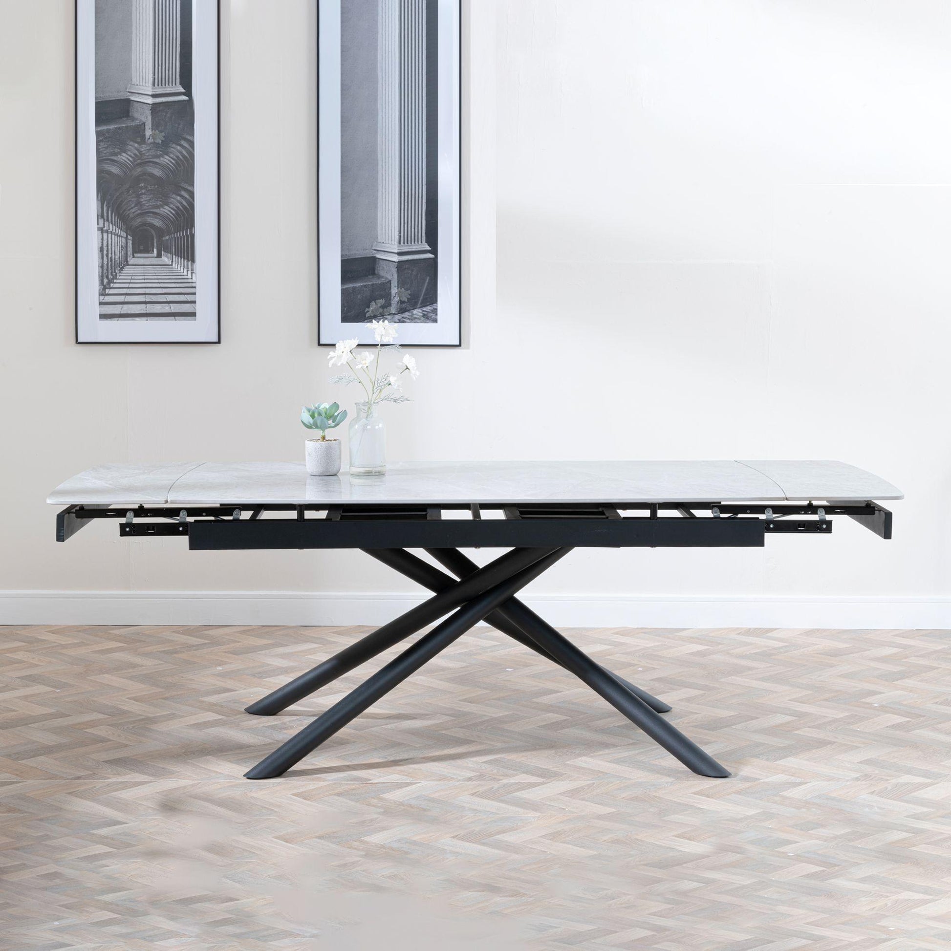 Flavia Grey Sintered Stone Extending Dining Table with Black Cross Base - 160cm/220cm
