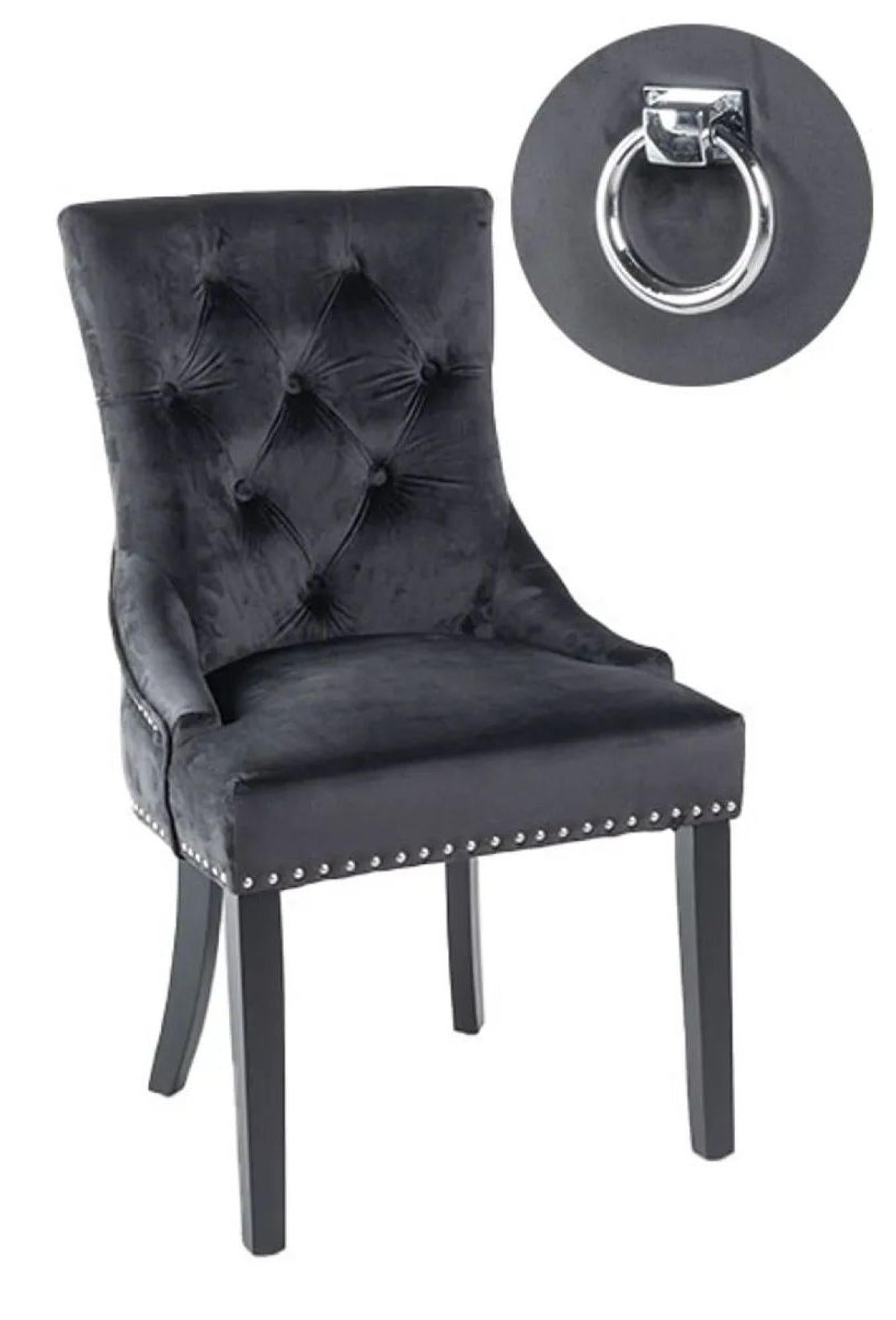Monte Knocker Back Black Velvet Fabric Chair with Black Wooden Legs - Pair of 2
