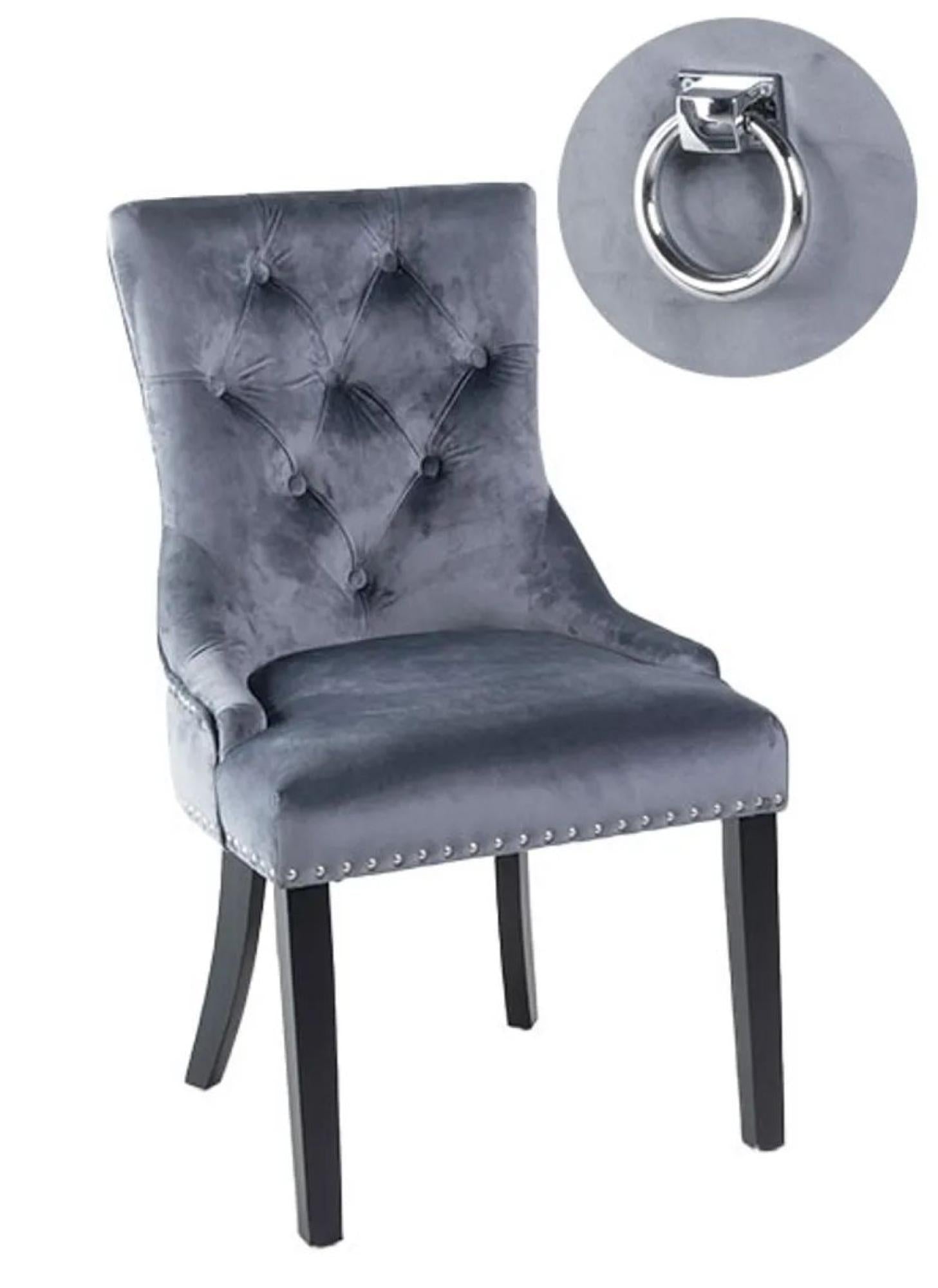 Monte Knocker Back Grey Velvet Fabric Chair with Black Wooden Legs - Pair of 2