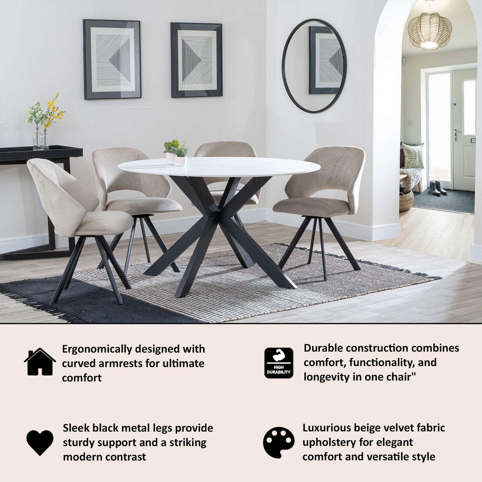 Juno Beige Velvet Fabric Swivel Dining Chair with Black Legs - Pair of 2