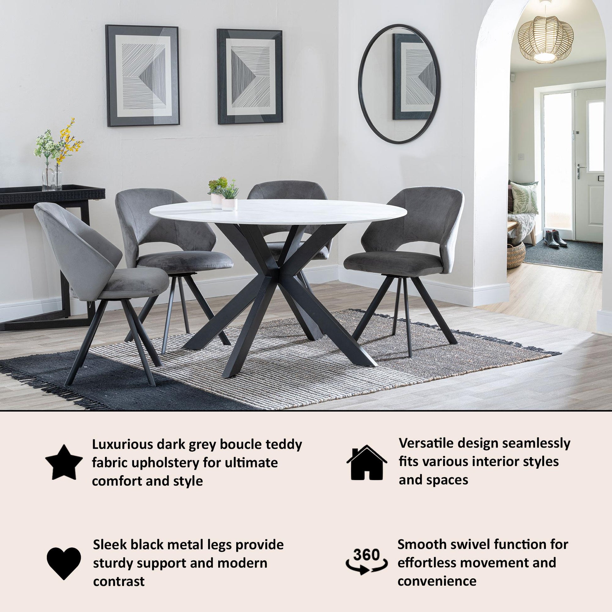 Juno Dark Grey Velvet Fabric Swivel Dining Chair with Black Legs - Pair of 2