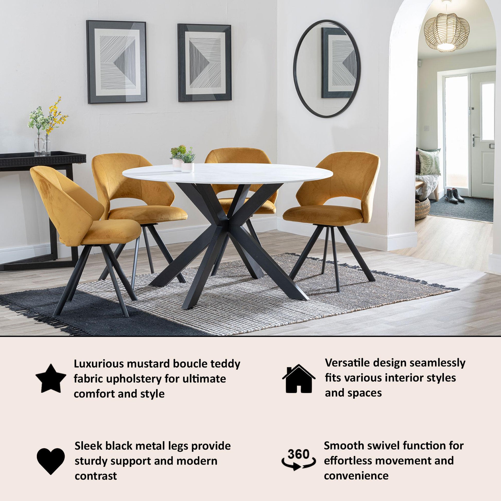 Juno Mustard Velvet Fabric Swivel Dining Chair with Black Legs - Pair of 2