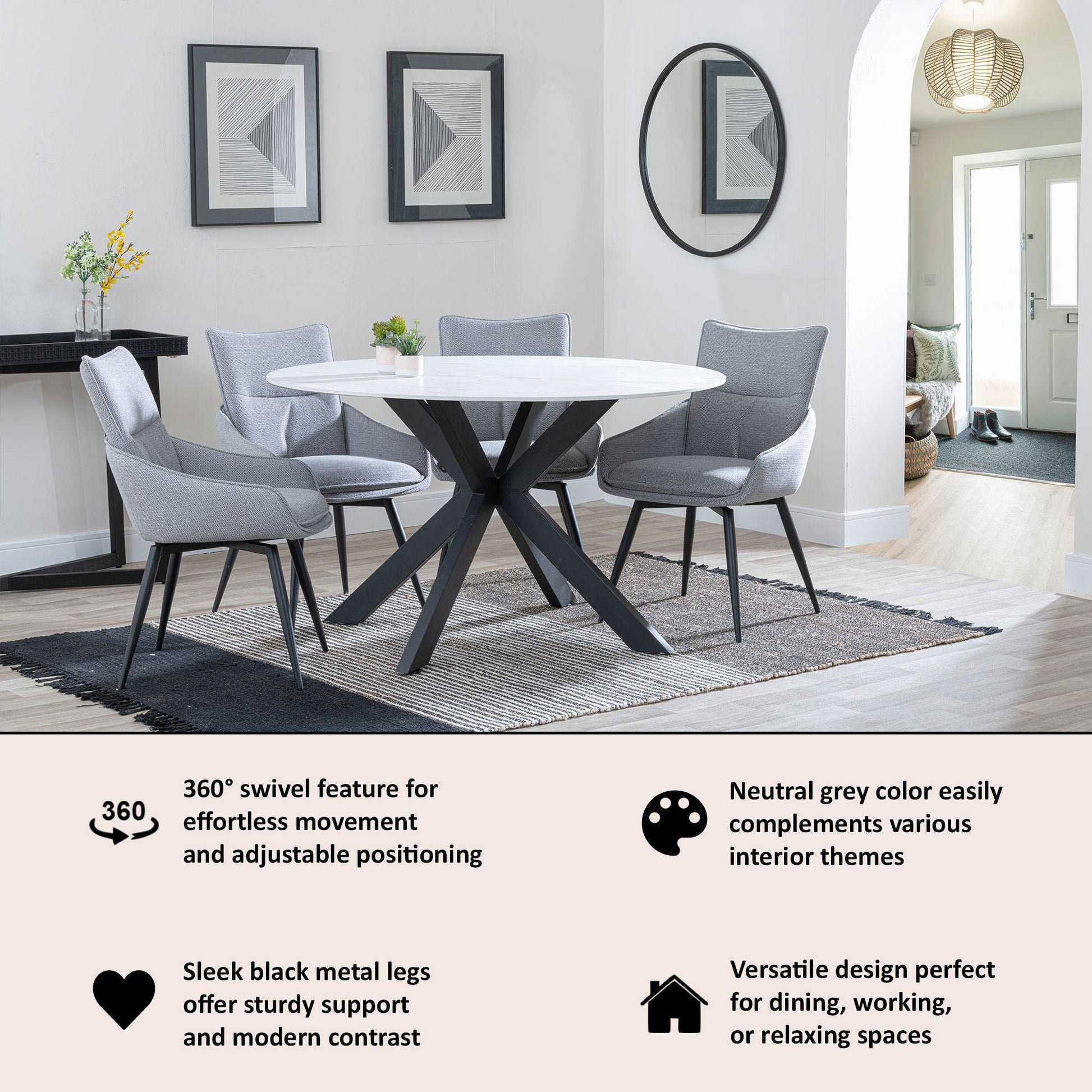 Flavio Grey Fabric Swivel Dining Chair with Black Legs - Pair of 2