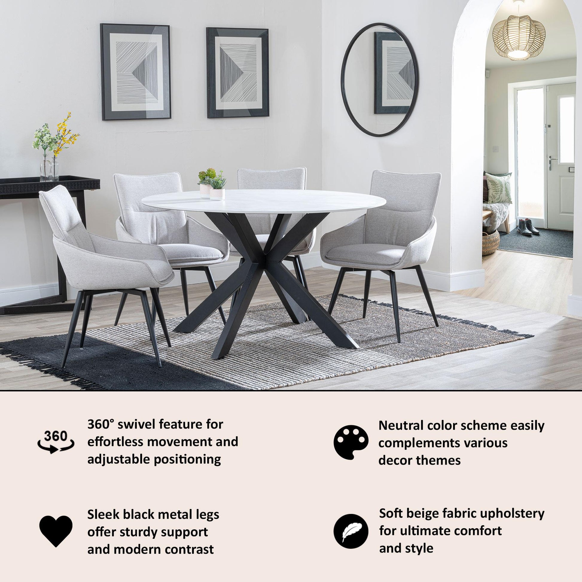 Flavio Beige Fabric Swivel Dining Chair with Black Legs - Pair of 2