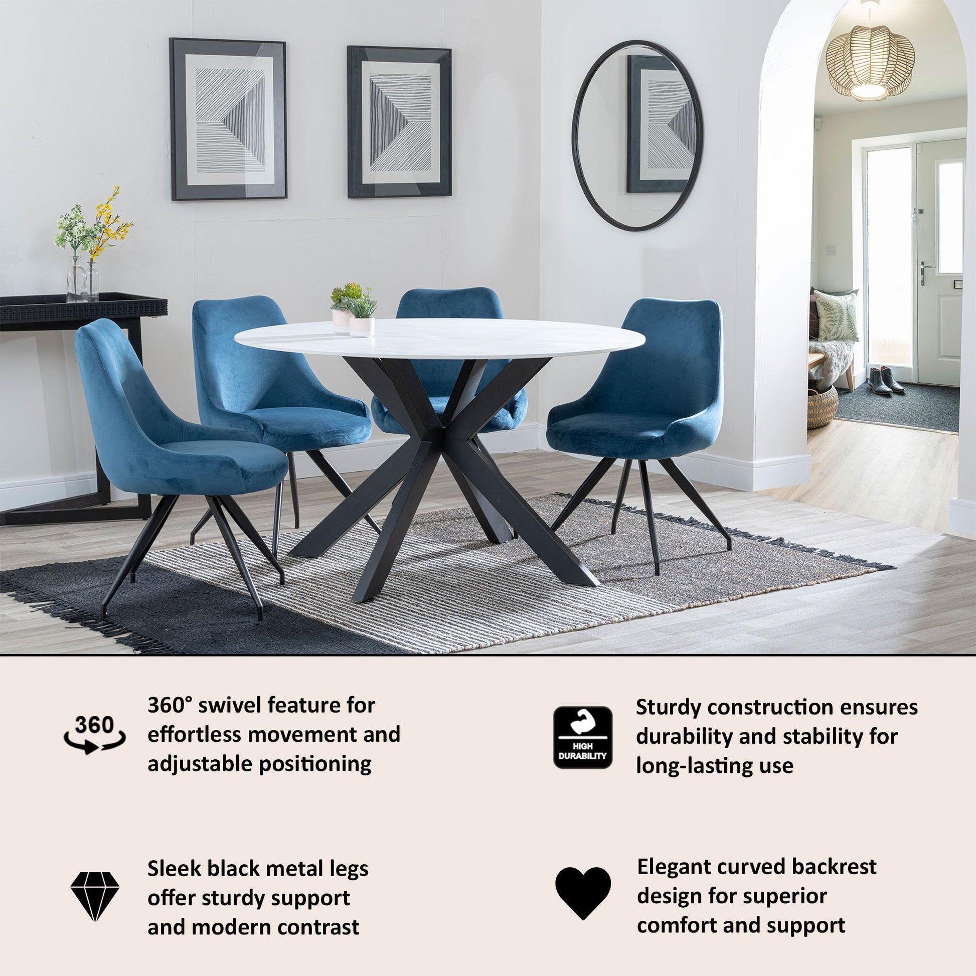 Harbo Blue Velvet Fabric Swivel Dining Chair with Black Legs - Pair of 2