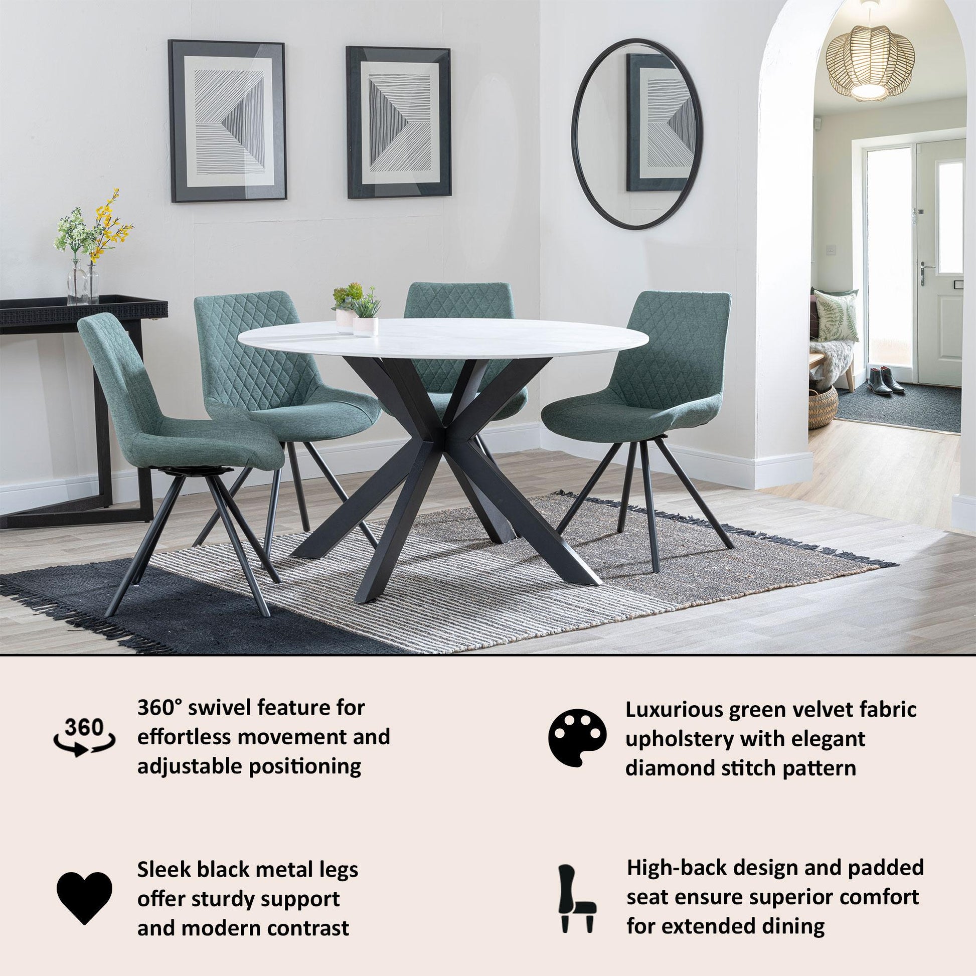 Elliot Green Fabric Swivel Dining Chair with Black Legs - Pair of 2