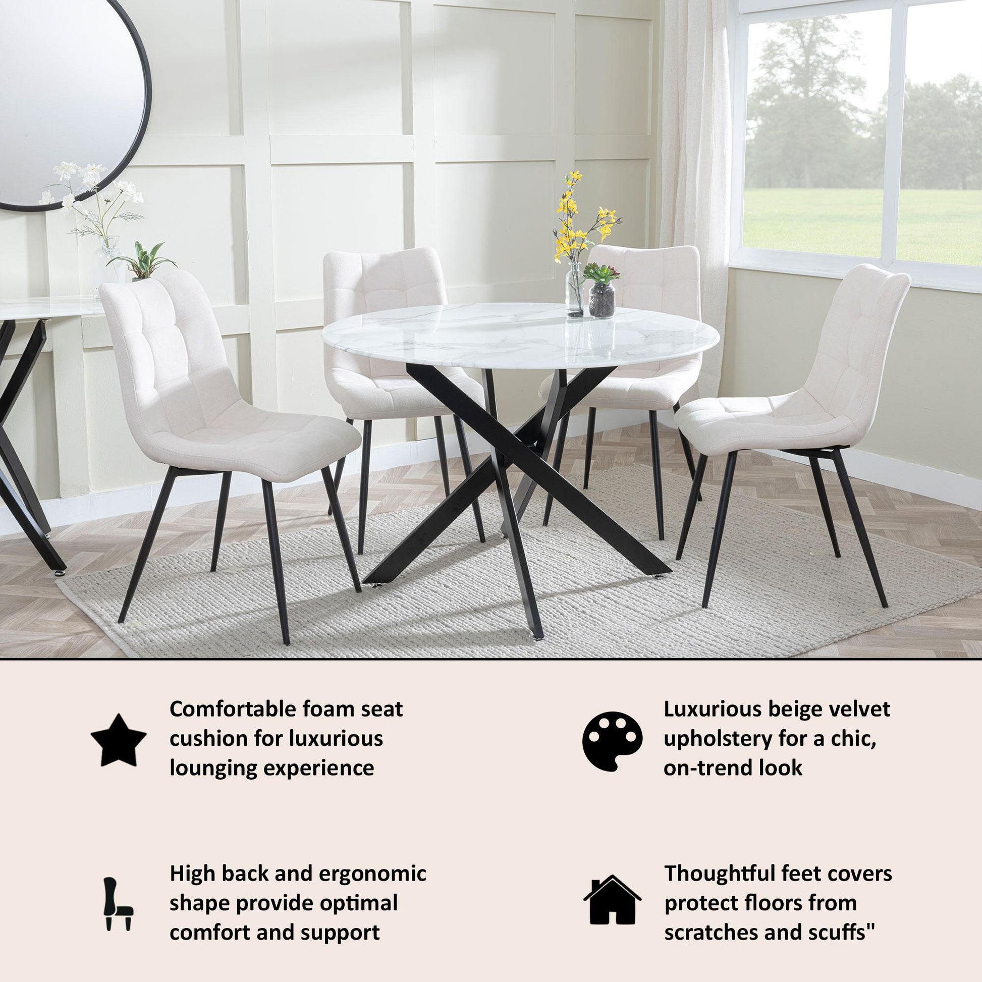 Elba Dining Chairs in Beige Fabric and Black Metal Legs - Pair of 2