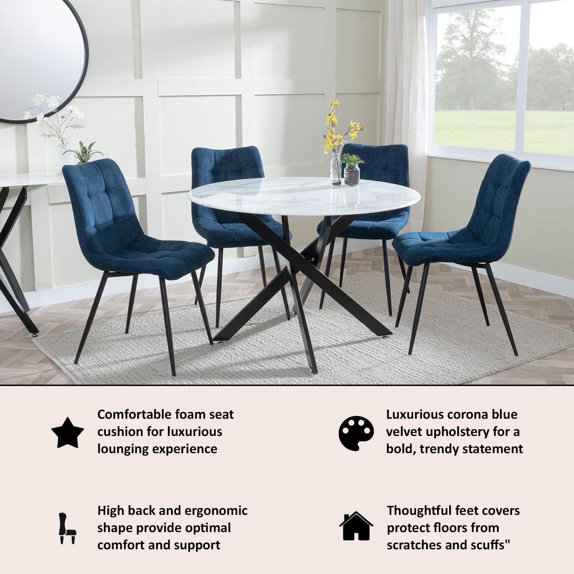 Elba Dining Chairs in Blue Fabric and Black Metal Legs - Pair of 2