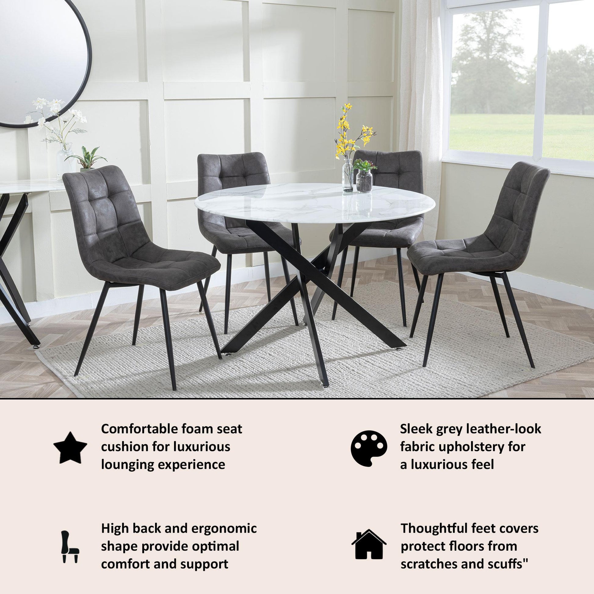 Elba Dining Chairs in Grey Leather Look Fabric and Black Metal Legs - Pair of 2