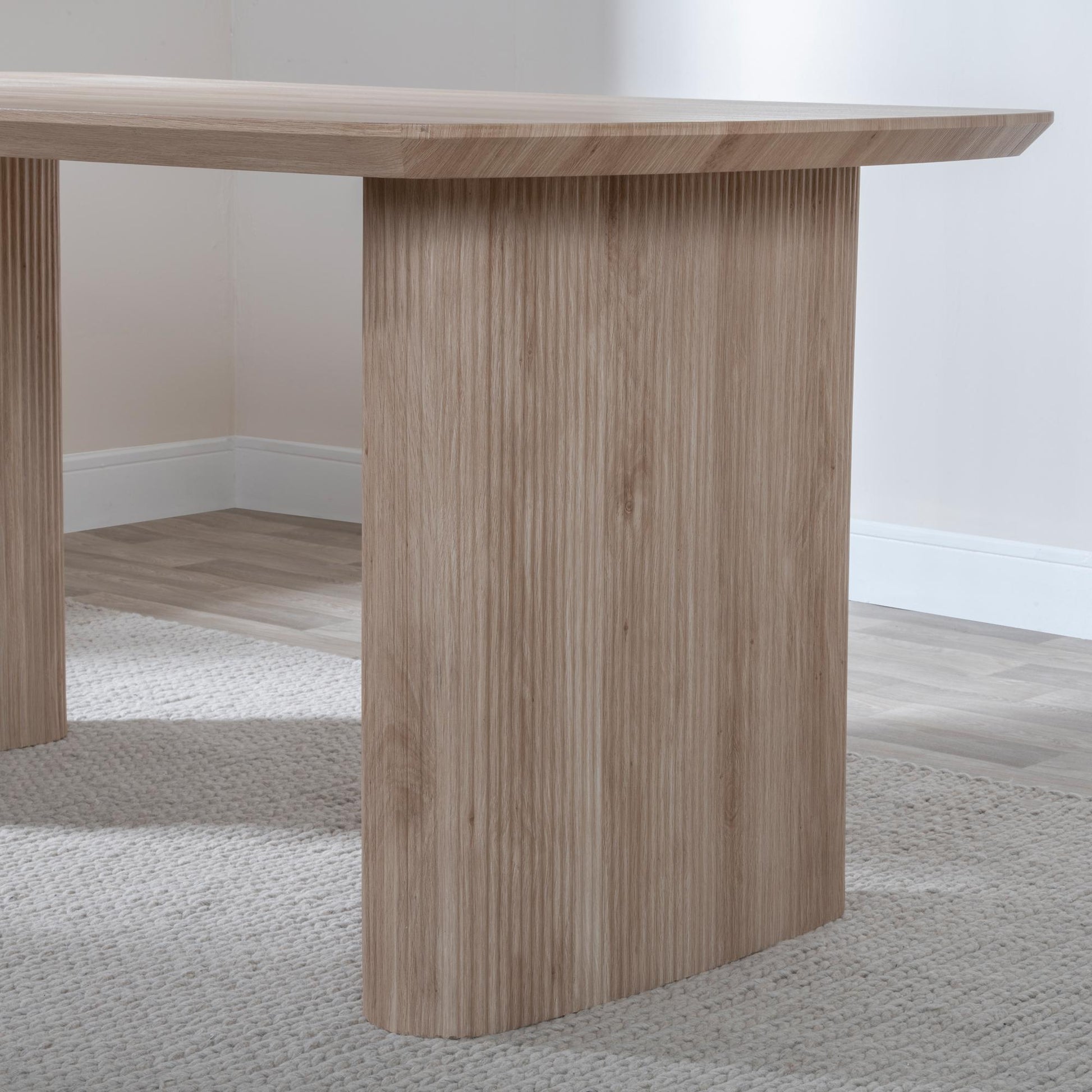 Renzo 160cm Oak Oval Dining Table with Fluted Ribbed Double Pedestal Base