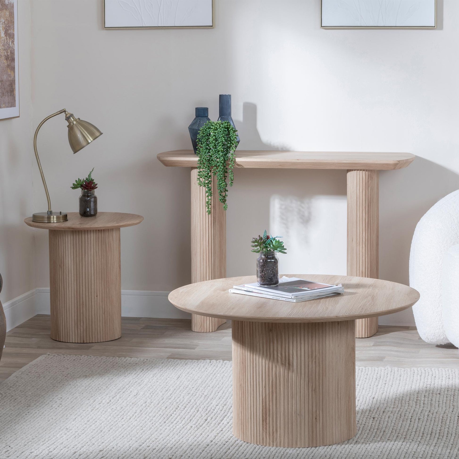 Renzo Oak Round Coffee Table with Fluted Ribbed Drum Base