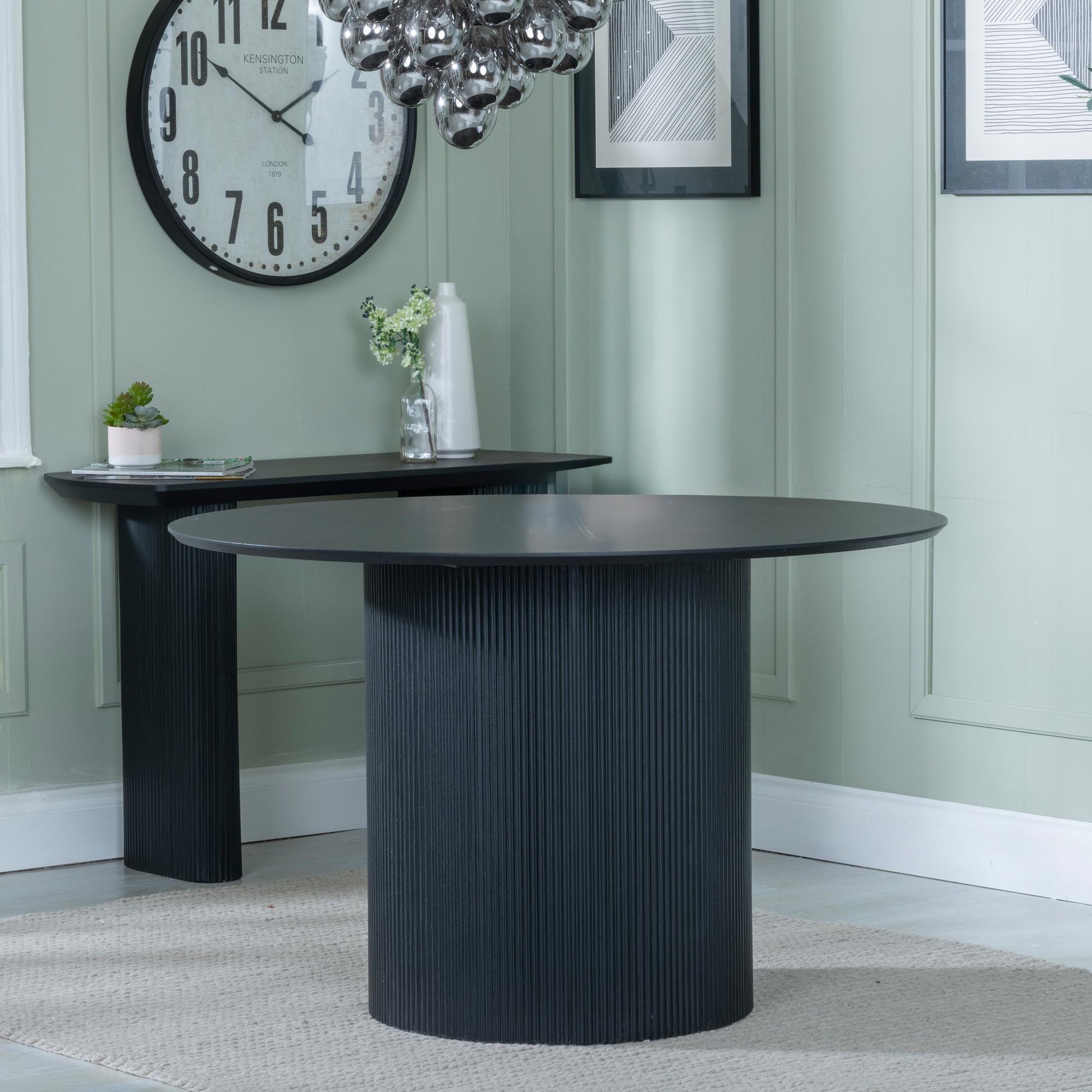 Renzo 120cm Black Round Dining Table with Fluted Ribbed Drum Base