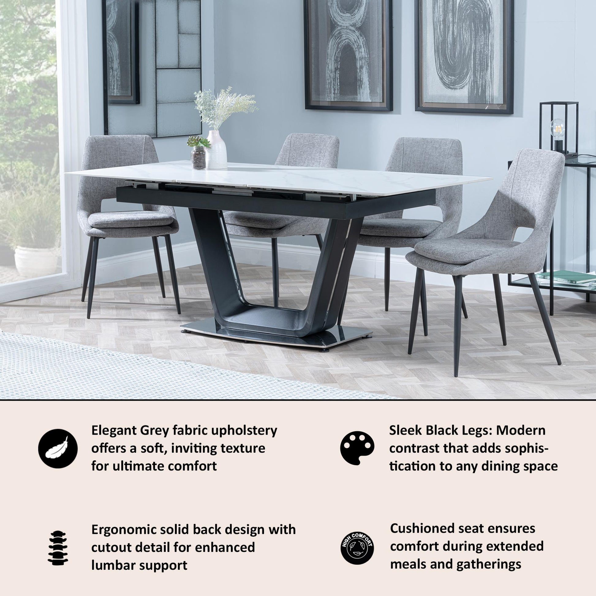 Fabien Grey Fabric Dining Chair with Black Legs - Pair of 2