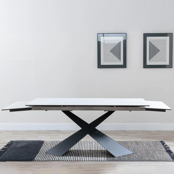 Odesa White Ceramic Extending Dining Table with Black Cross Base - 160cm/240cm