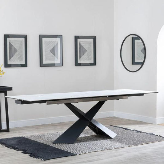 Odesa White Ceramic Extending Dining Table with Black Cross Base - 160cm/240cm