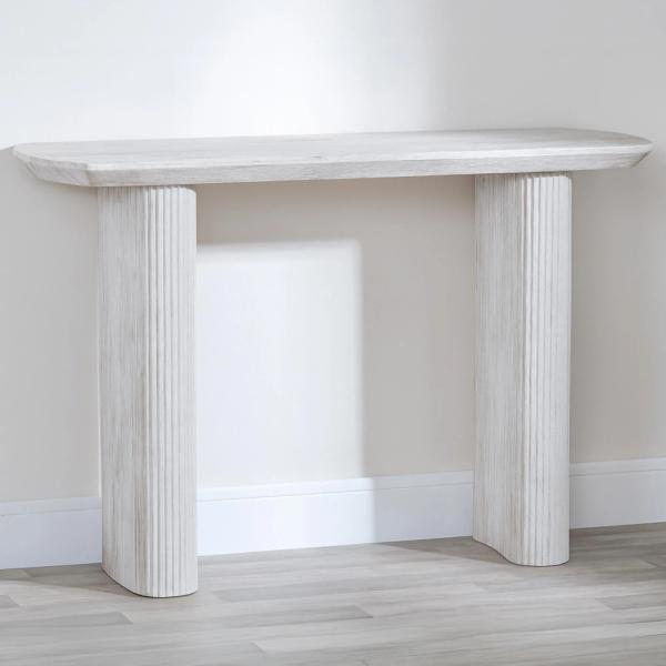 Renzo White Oval Console Table with Fluted Ribbed Double Pedestal Base