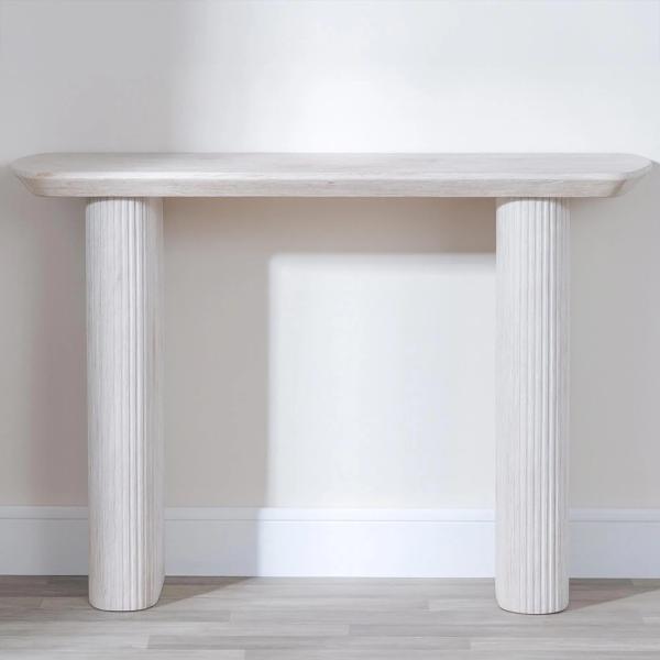 Renzo White Oval Console Table with Fluted Ribbed Double Pedestal Base