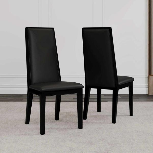Montelli Black Leather High Back Dining Chair with Black Legs - Pair of 2