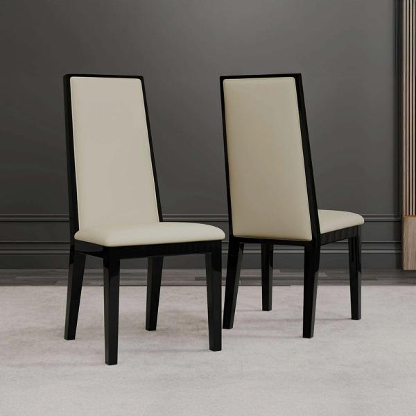 Montelli Cream Leather High Back Dining Chair with Black Legs - Pair of 2