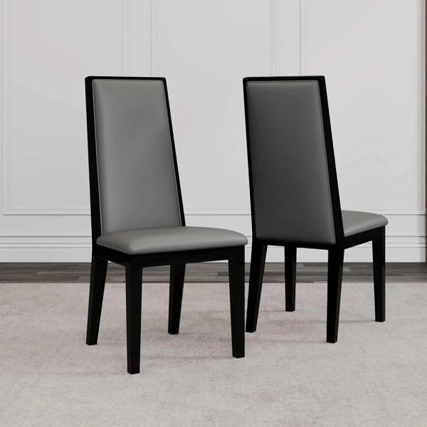 Montelli Grey Leather High Back Dining Chair with Black Legs - Pair of 2