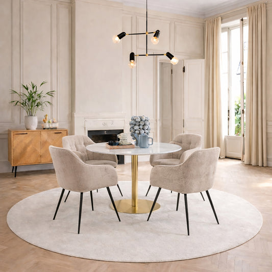 Corby Round Dining Table with White Polished Marble Top & Gold Base inc 4 Brooke Dining Chairs with Armrests in Monza Beige