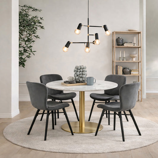 Corby Round Dining Table with White Polished Marble Top & Gold Base inc 4 Batilda Dining Chairs in Dark Grey