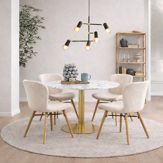 Corby Round Dining Table with White Polished Marble Top & Gold Base inc 4 Batilda Dining Chairs in Cream/Oak Legs