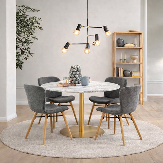 Corby Round Dining Table with White Polished Marble Top & Gold Base inc 4 Batilda Dining Chairs in Grey/Oak Legs