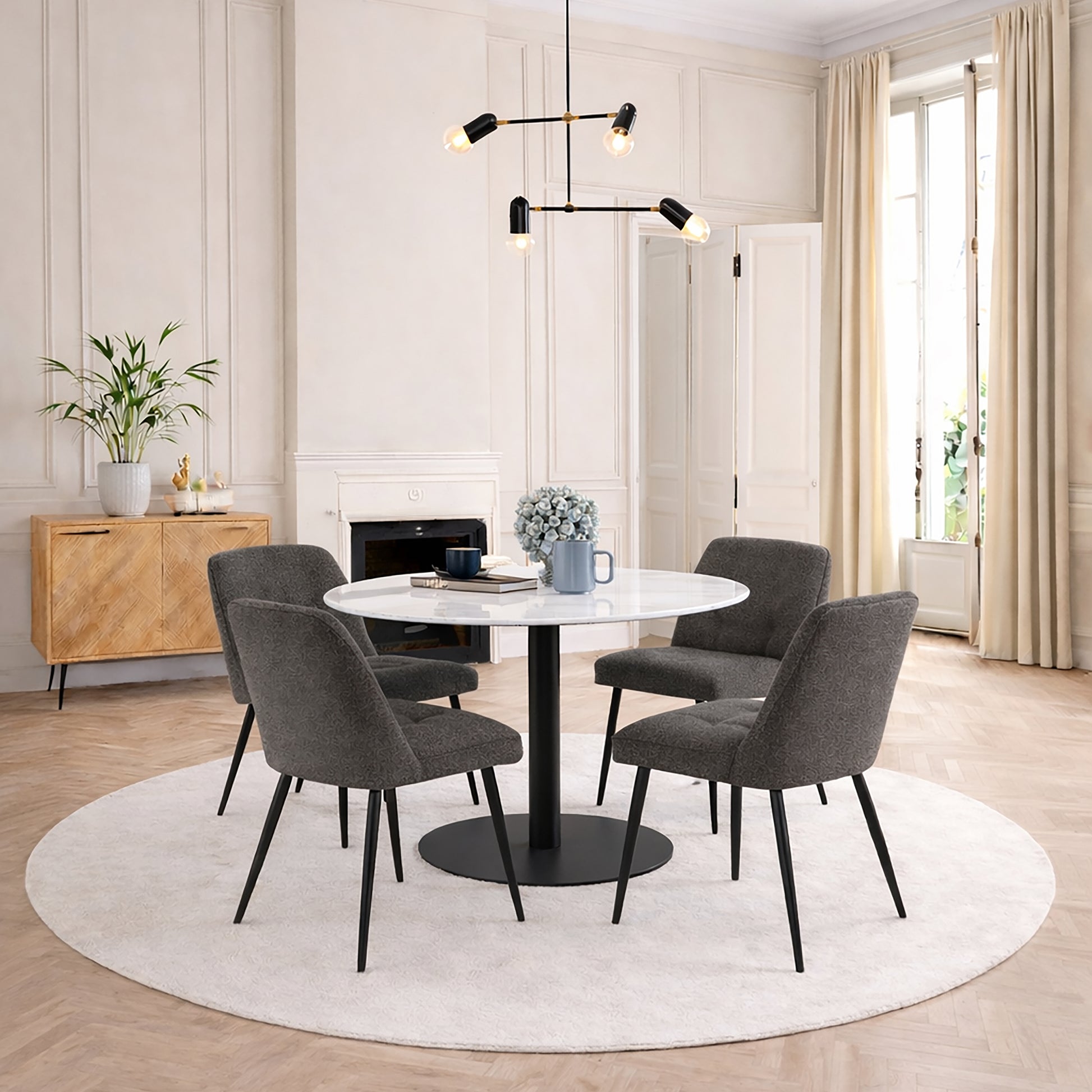 Corby Round Dining Table with White Polished Marble Top & Black Base includes 4 Brooke Dining Chairs in Taupe