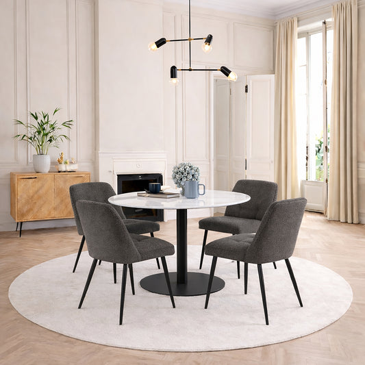 Corby Round Dining Table with White Polished Marble Top & Black Base includes 4 Brooke Dining Chairs in Taupe