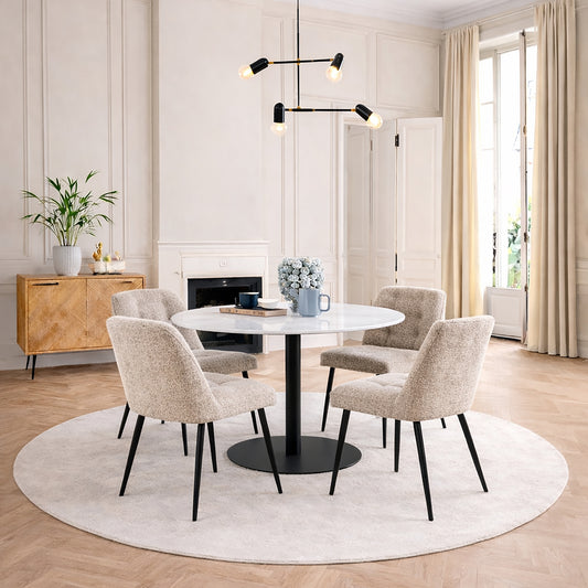 Corby Round Dining Table with White Polished Marble Top & Black Base includes 4 Brooke Dining Chairs in Beige