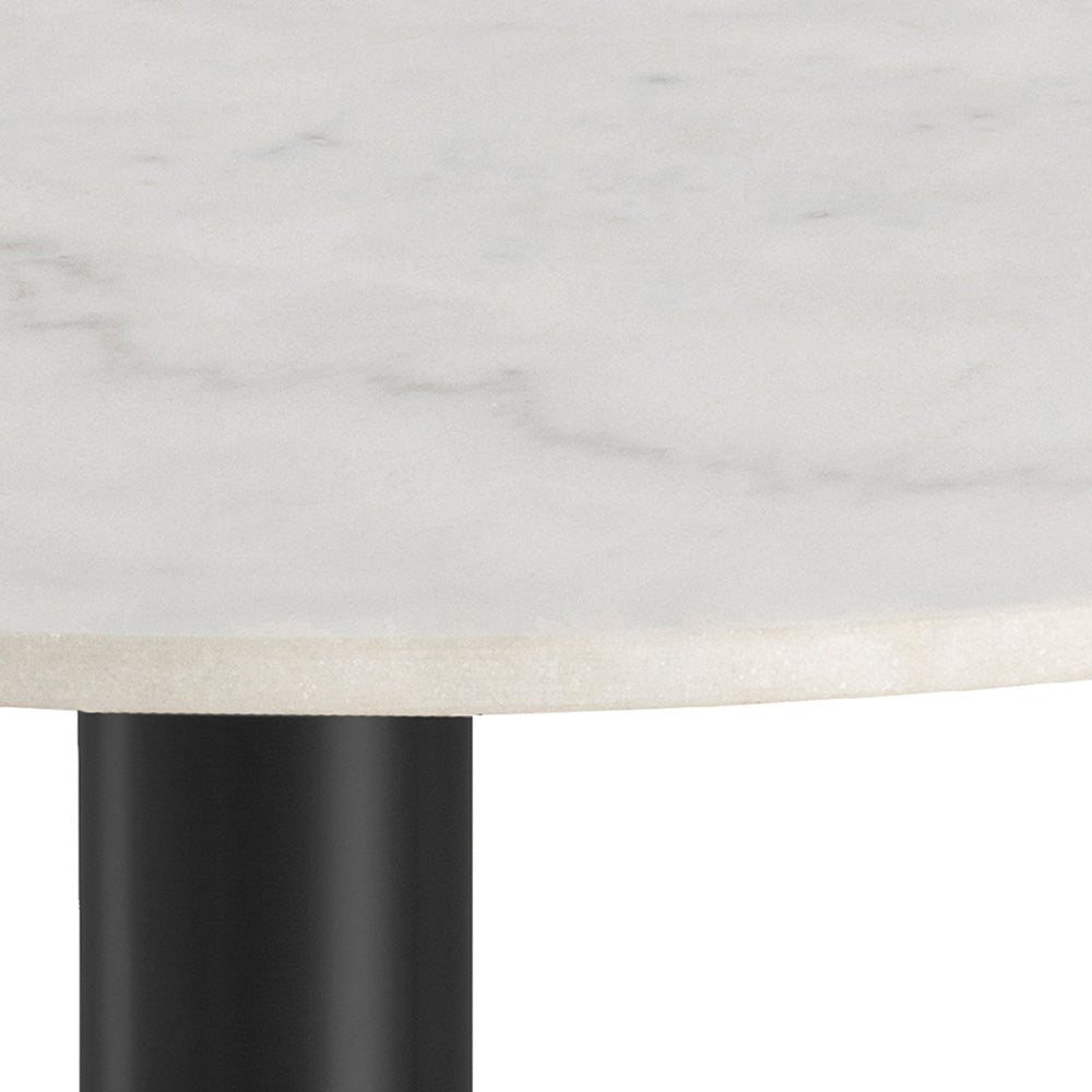 Corby Round Dining Table with White Polished Marble Top & Black Base includes 4 Brooke Dining Chairs with Arm Rest in Taupe