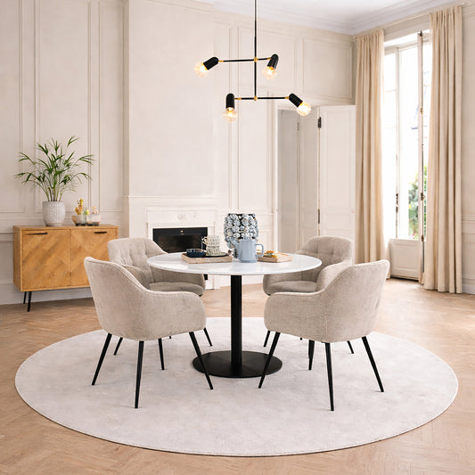 Corby Round Dining Table with White Polished Marble Top & Black Base includes 4 Brooke Dining Chairs with Arm Rest in Monza Beige