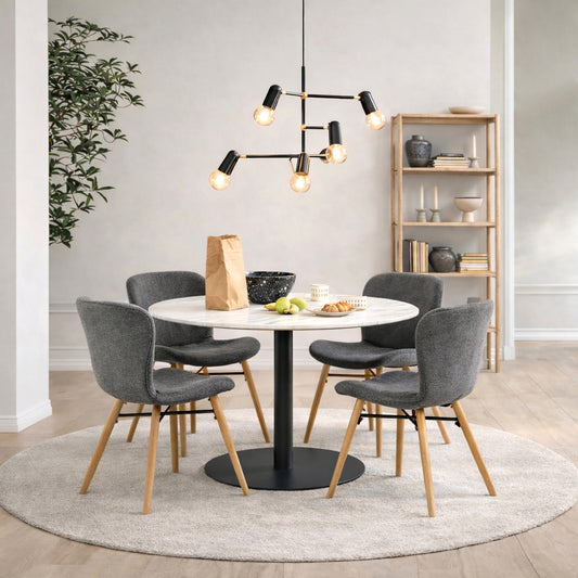 Corby Round Dining Table with White Polished Marble Top & Black Base includes 4 Batilda Dining Chairs in Grey/Oak