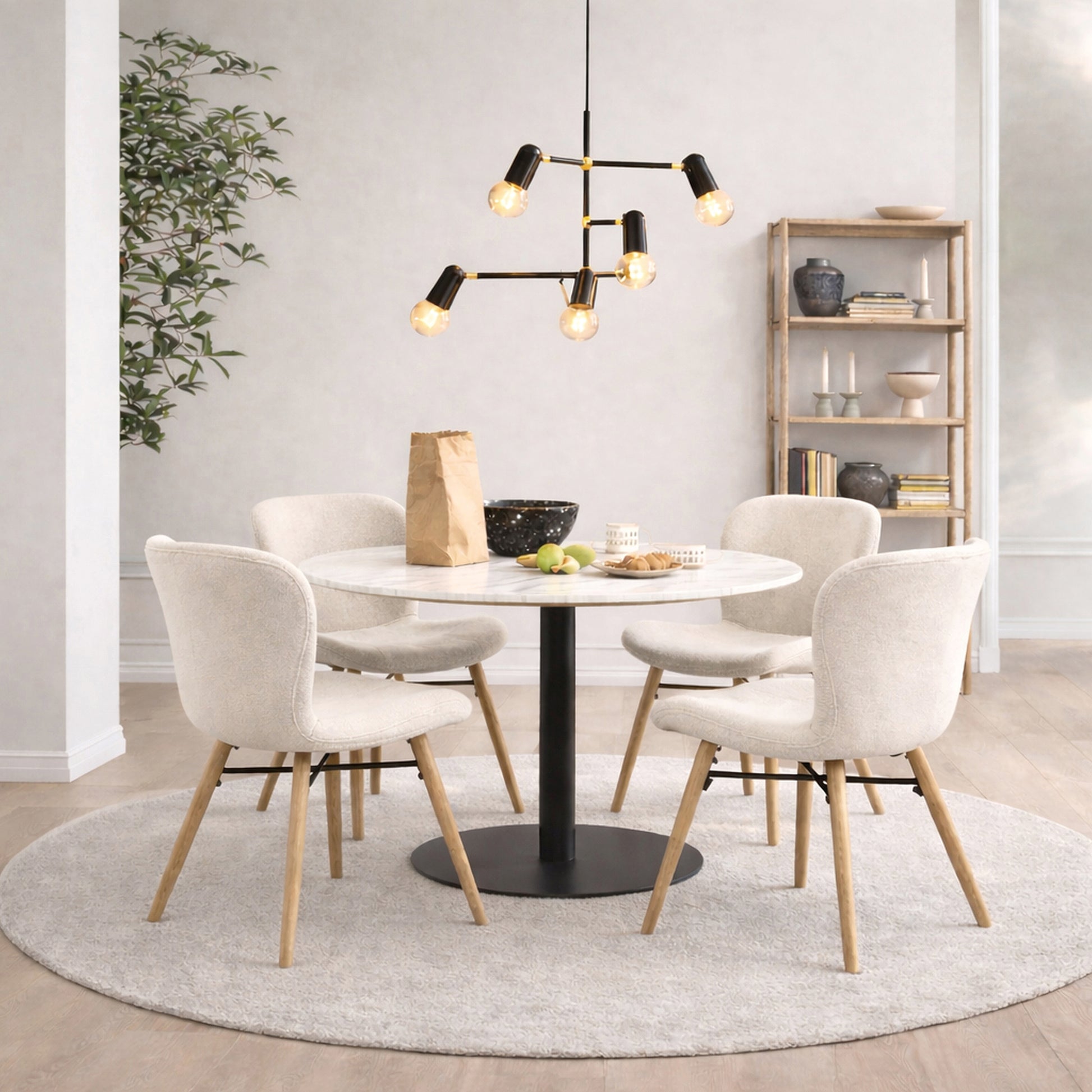 Corby Round Dining Table with White Polished Marble Top & Black Base includes 4 Batilda Dining Chairs in Cream/Oak