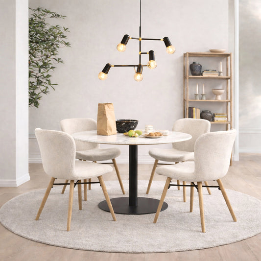 Corby Round Dining Table with White Polished Marble Top & Black Base includes 4 Batilda Dining Chairs in Cream/Oak