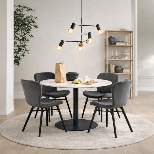 Corby Round Dining Table with White Polished Marble Top & Black Base includes 4 Batilda Dining Chairs in Dark Grey