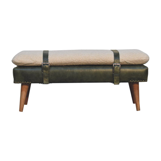 BouclÃ© Buffalo Hide Olive Green Leather Bench