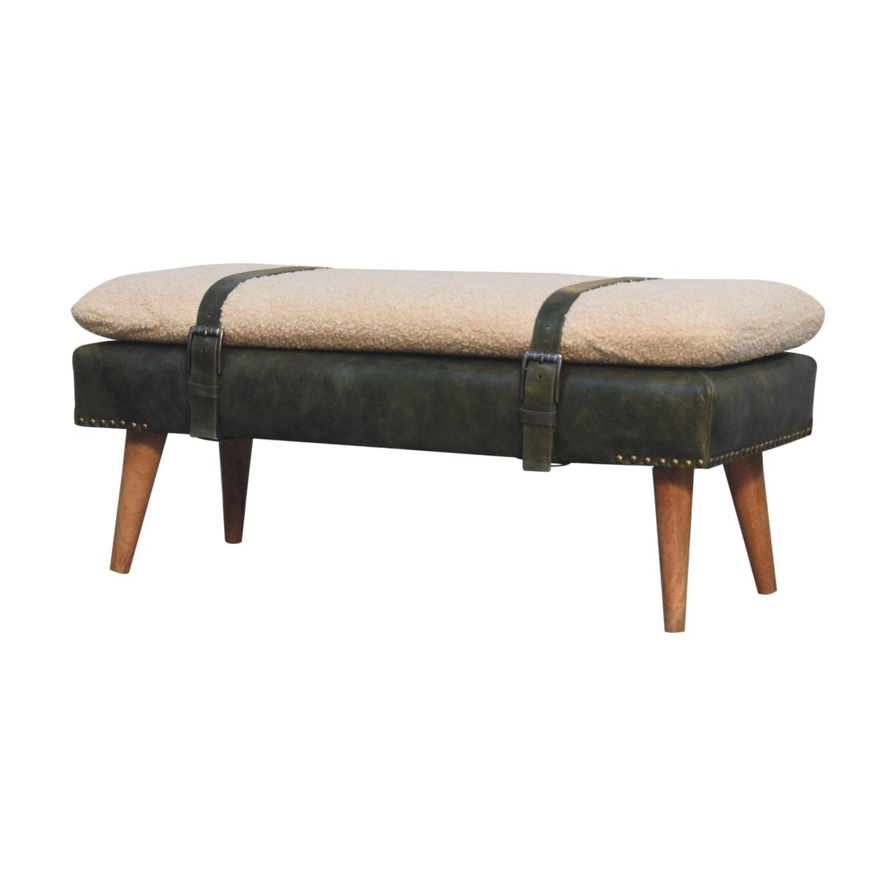 BouclÃ© Buffalo Hide Olive Green Leather Bench